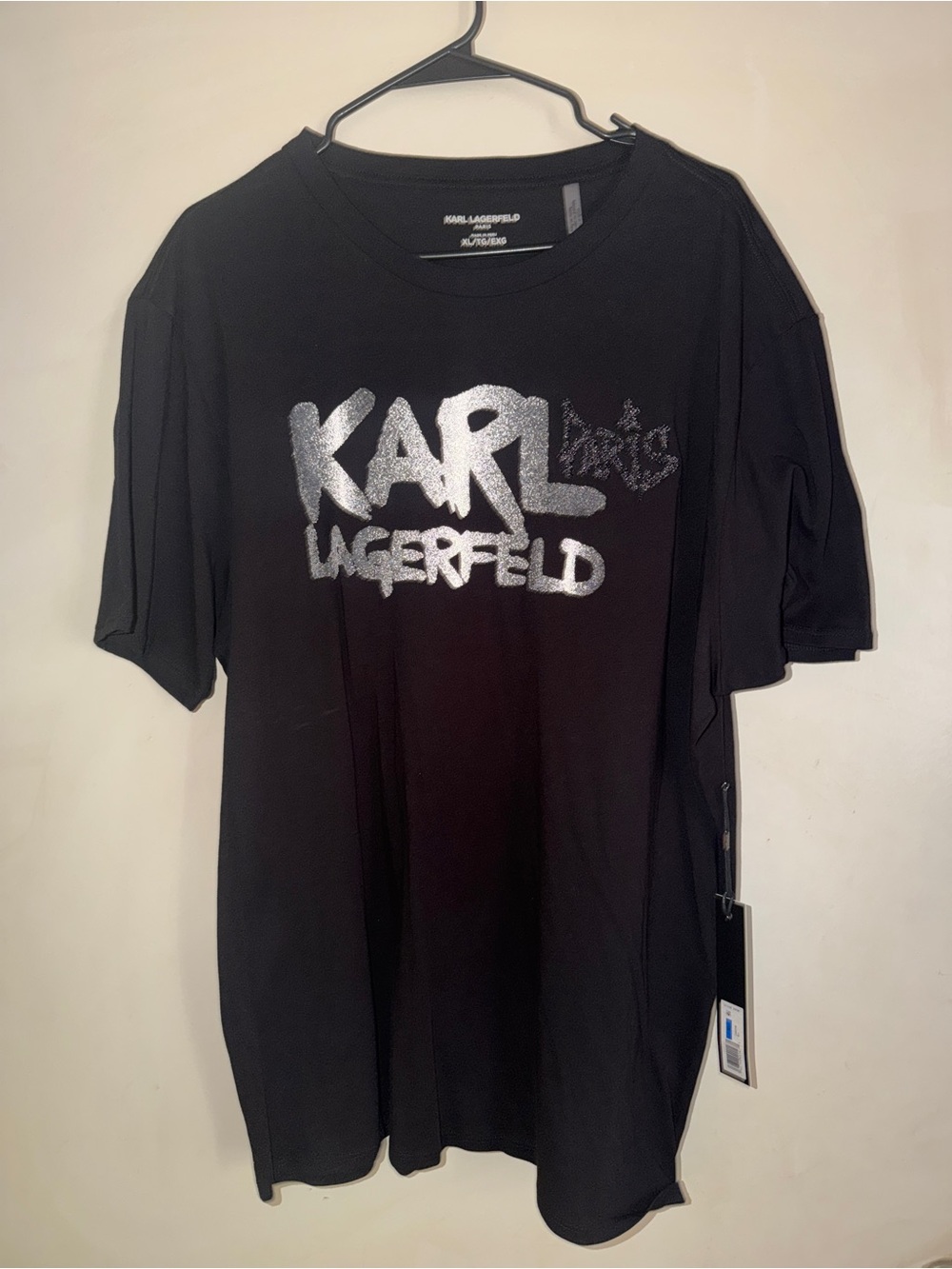 NWT Karl Lagerfeld Paris Metallic Foil Brushstroke Logo Graphic Tee Black XL